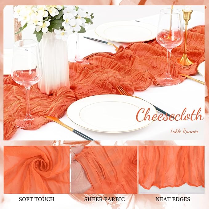 Orange Cheesecloth Table Runner 12 Pack 10FT Boho Fabric Rustic Cheese Cloth Table Runner for Wedding 20 x 120 Inch Long Bridal Shower Baby Shower Gauze Sheer Birthday Party Table Decorations