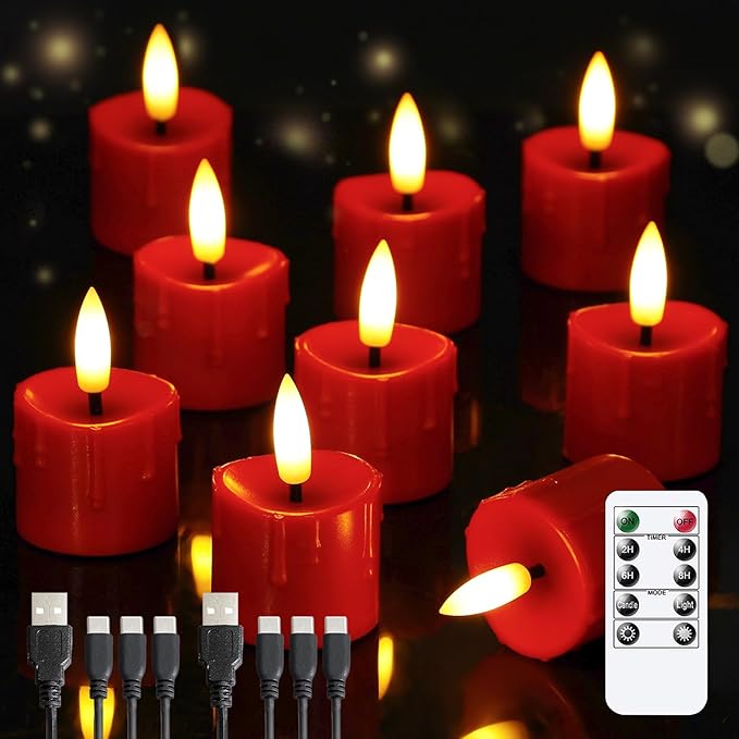 Rechargeable Flameless 1.6" x2.5" Tea Light Candles with Remote & Type-C Charging Cable, Timer LED Flickering Burgundy Plastic 9pcs Mini Dripping Wax Votive Tealight Candles
