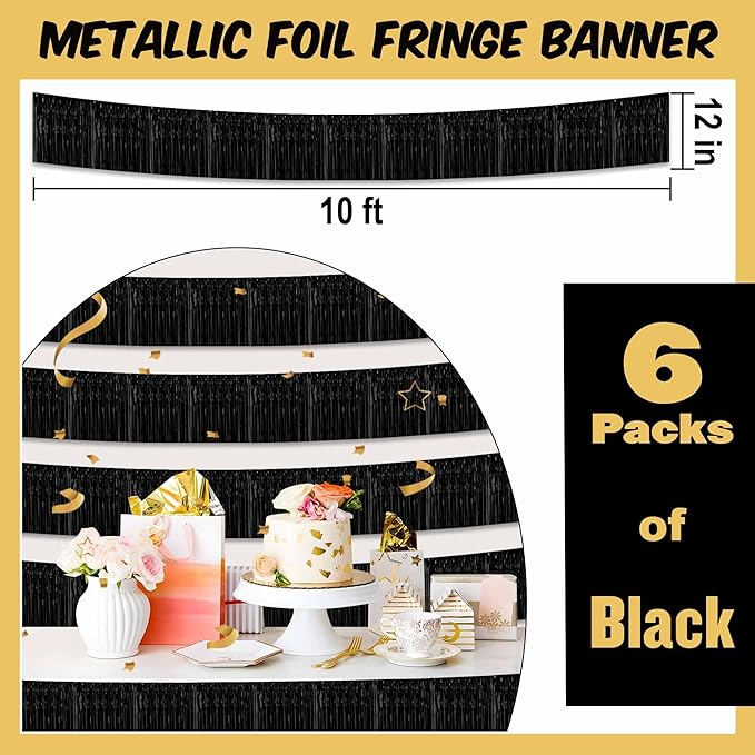 6 Pack 10 Ft Black Foil Fringe Garland Metallic Streamers Tinsel Banner Wall Hanging Garland Backdrop for Parade Floats, Halloween, Christmas, Thanksgiving, New Year Party Decorations