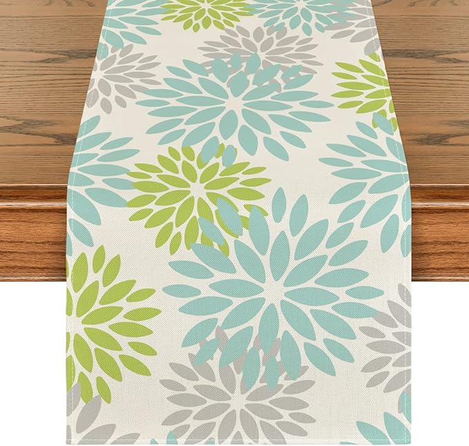 Artoid Mode Green Dahlia Floral Pinnata Summer Table Runner, Spring Kitchen Dining Table Decoration for Home Party Decor 13x72 Inch
