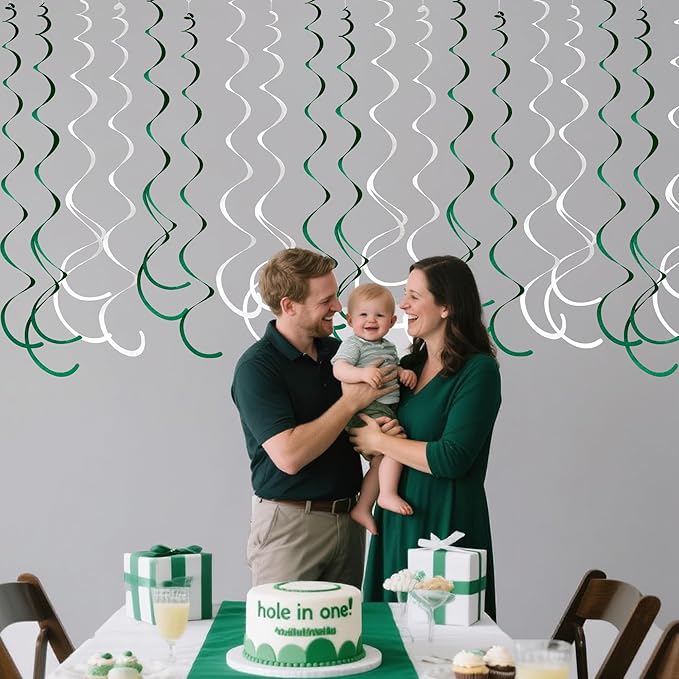 36 Pcs Green White Hanging Swirl Decorations Felt Swirl Streamer Spiral Ceiling Garland for Birthday Graduation Wedding Retirement Baby Shower Spring Summer Christmas Masters Golf Party Decor Supplies