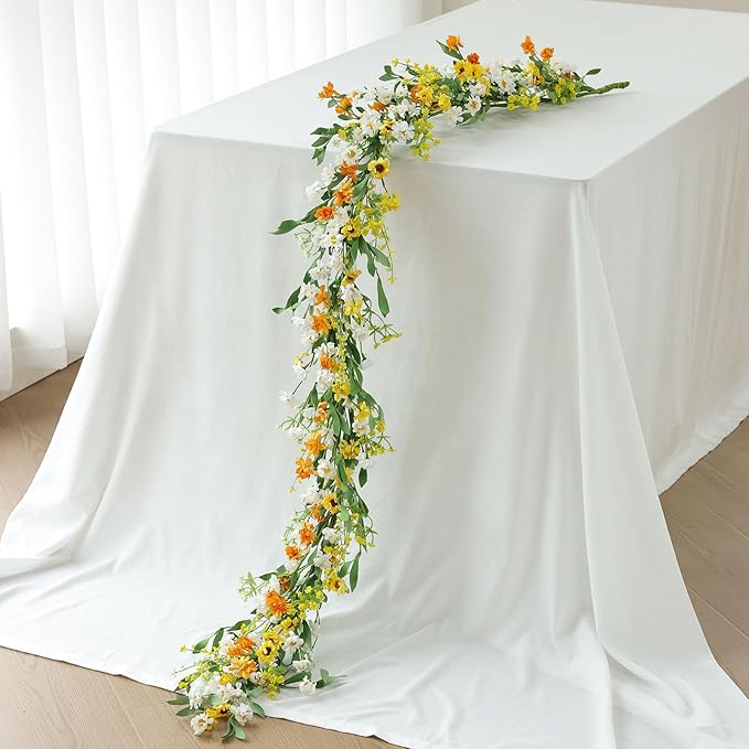 Mizii Artificial Flower Garland 6FT Fake Daisy Floral Garland Daisies Hanging Vines Spring Summer Flowers Decorations for Mantle Table Centerpieces Room Wall Fireplace Party Wedding Decor (Daisy)