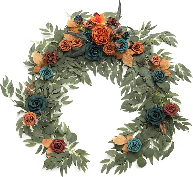 Ling's Moment Flower Garland - 6FT Eucalyptus & Rose - Sweetheart Table Decor for Wedding Reception, Artificial Floral Garland for Mantle, Christmas Decoration, Dark Teal & Burnt Orange