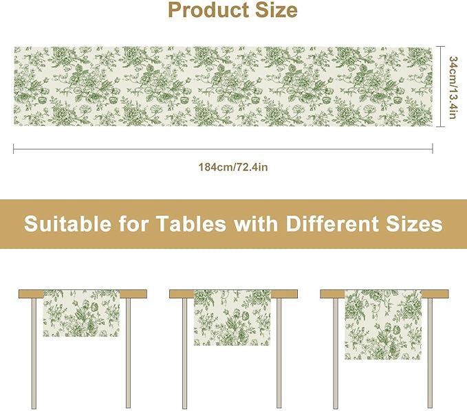 Vintage Flower Table Runner, Wildfloral Green Floral Sketch Pattern Print Table Runner for Kitchen Dinning Table Runner Decor Home Wedding Party Holiday, 13x60 Inch