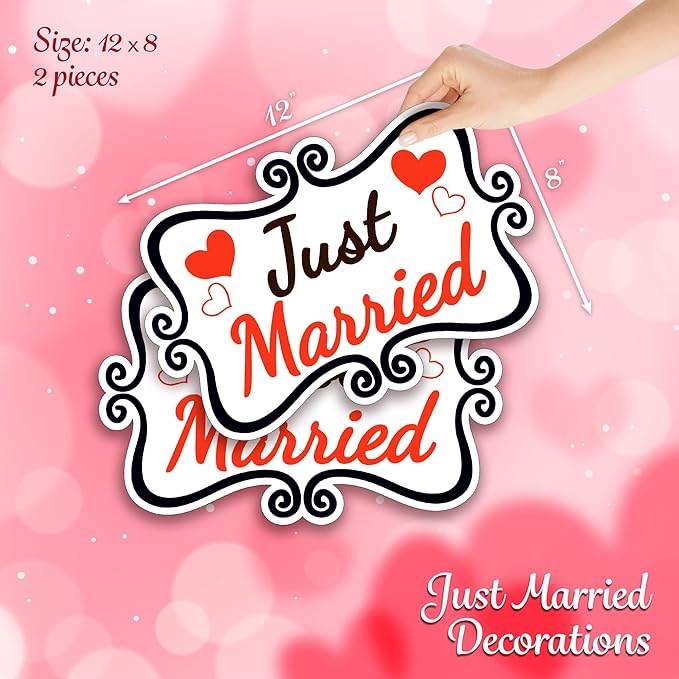 Just Married Car Decorations, 12x8 Magnet Decals for Vehicles, 2 Pack Wedding Car Decor, Removable, Reusable for Tailgate, Door Panels, Refrigerator