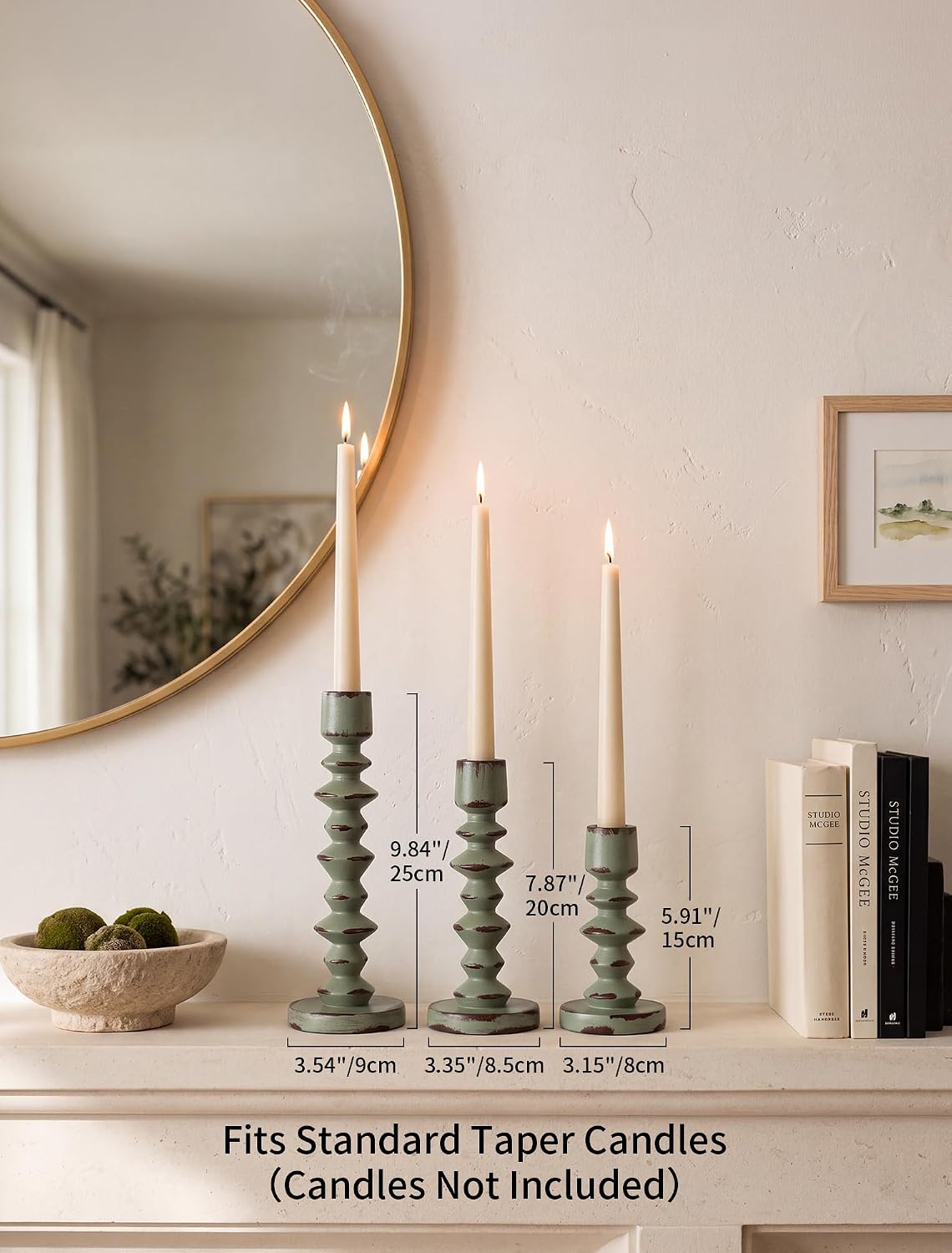 NUPTIO Wood Vintage Candlestick Holders: Set of 3 Rustic Green for Tapers