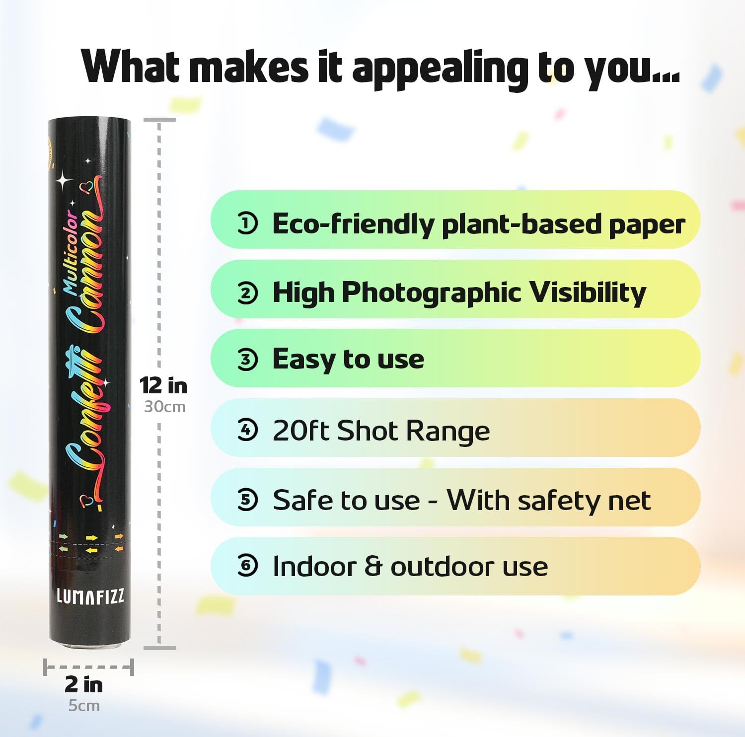 12in Confetti Cannons 6pk,LUMAFIZZ Multicolo Eco-Friendly Confetti Poppers | for Party，Birthday，Christmas Eve，Wedding，New Year Celebration