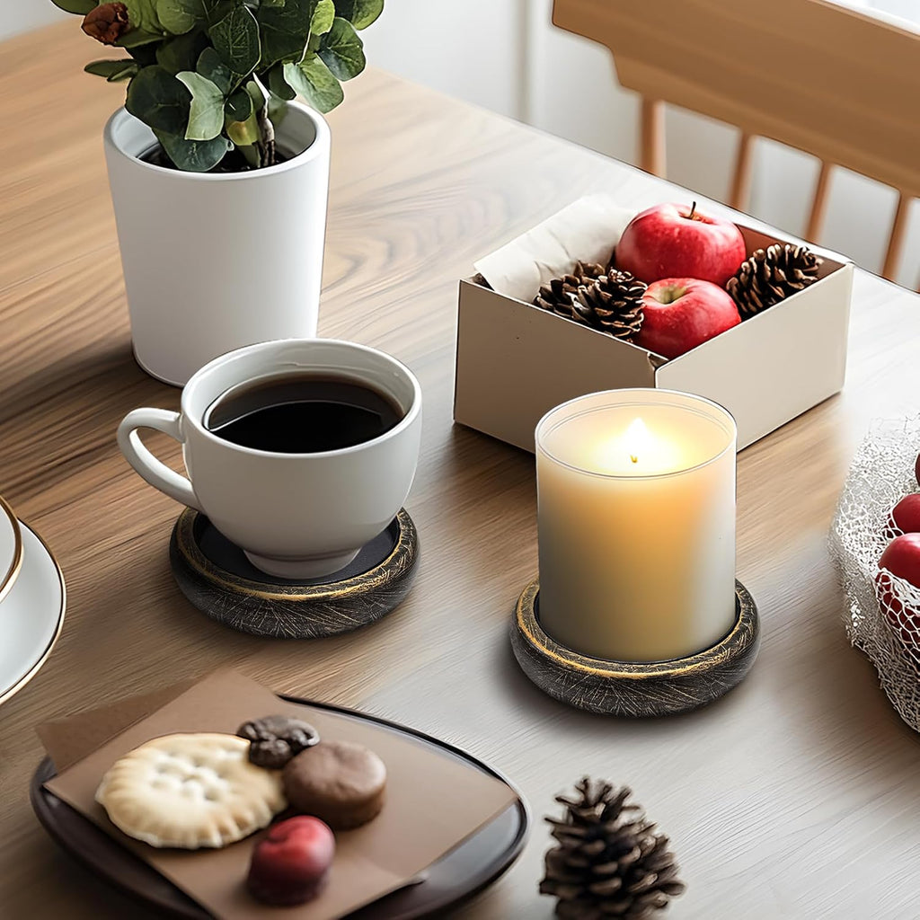 Candle Holder for Pillar Candle Set of 2, Farmhouse Wood Candle Plate, Rustic Wooden Candle Stand, Candles Tray Decorative for Living Room, Table Centerpiece, Black Gold