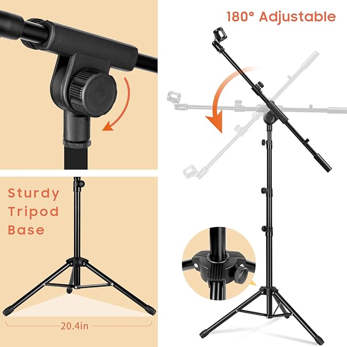 CAHAYA Mic Stand Tripod Boom Arm Floor Microphone Stand Height Adjustable with Carrying Bag and 2 Mic Clips 3/8" to 5/8" Adapter for Singing Performance Podcast