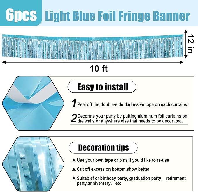 6 Pack 10 Feet Light Blue Foil Fringe Garland Metallic Tinsel Streamers Banner Wall Hanging Curtain Backdrop for Parade Floats, Birthday, Graduate, Mother's Day, Wedding Party Decoration