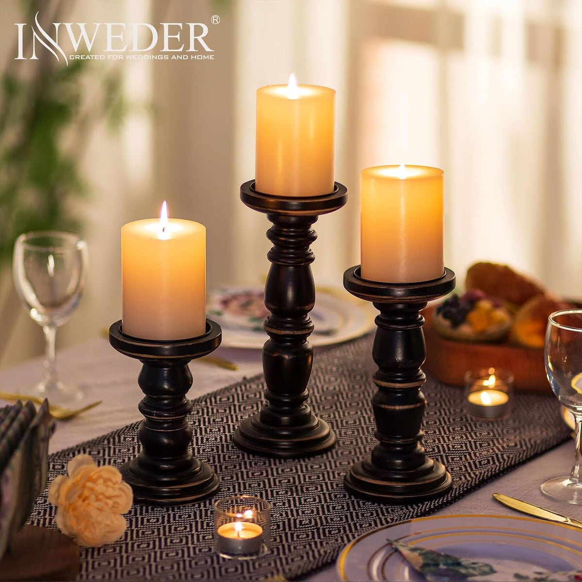 Wood Pillar Candle Holder: Rustic Distressed Black Candle Stand