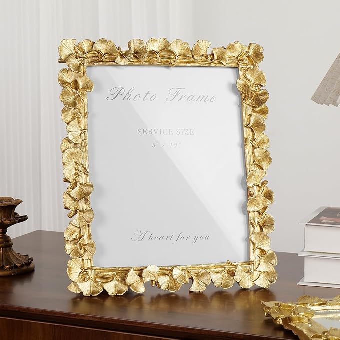 Cuspin Gold 8x10 Picture Frame, Vintage Ornate Picture Frames Leaf Textured Hand-Crafted Resin with Glass Front, Antique Photo Frame for Tabletop Display, Retro Design Home Decor