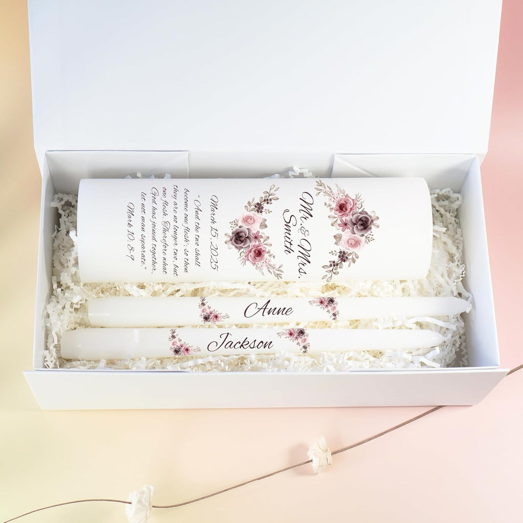 Unity Candles for Wedding, Mr and Mrs Modern Unity Set, Custom and Personalized Pillar and Taper Candles with Bible Quote, Unscented White Premium Wax, Religious and Wedding Ceremony, Special Events