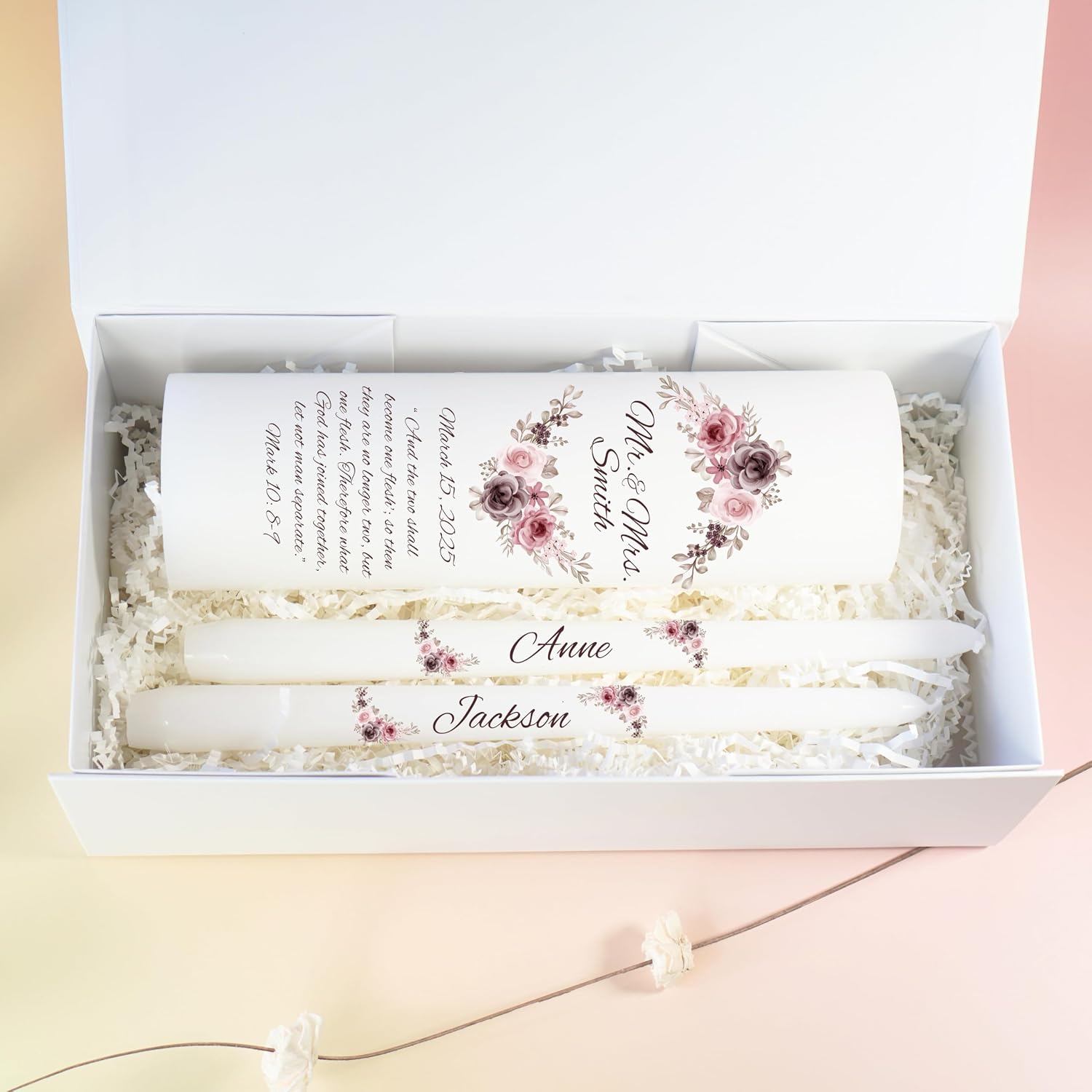 Unity Candles for Wedding, Mr and Mrs Modern Unity Set, Custom and Personalized Pillar and Taper Candles with Bible Quote, Unscented White Premium Wax, Religious and Wedding Ceremony, Special Events