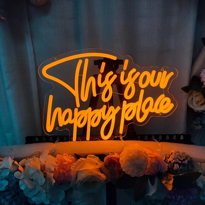 This is Our Happy Place Neon Signs for Wall Decor, My Happy Place LED Light Sign This is Our Place We Make The Rules Decor for Bedroom Man Cave Home Bar Birthday Party, 14.3" x 10"