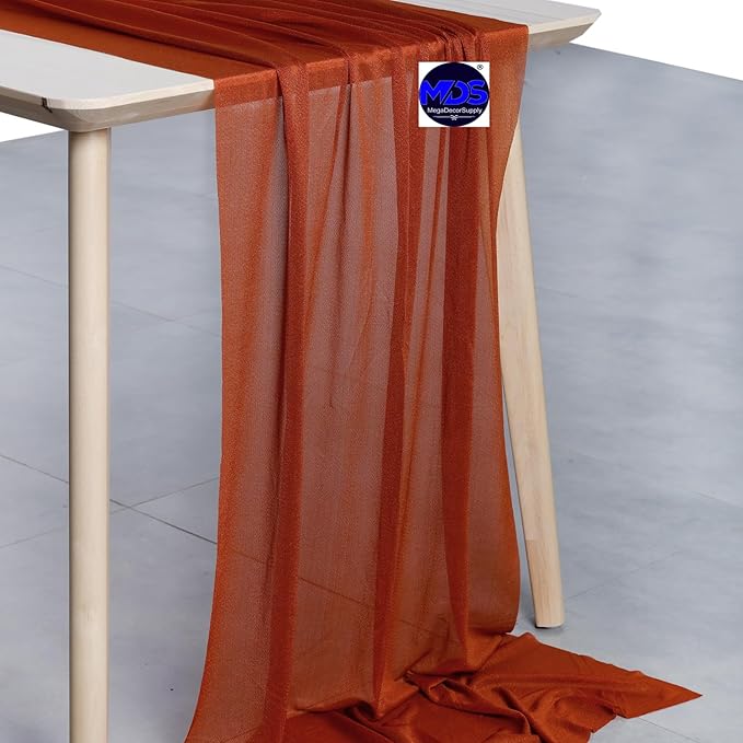 MDS 5 Pack 10ft Chiffon Table Runner 29 x 120 Inches Sheer Wedding Runner Romantic Rustic Table Runner for Wedding Decorations, Birthday Parties, Bridal Shower Party Arch Decor - Terracotta
