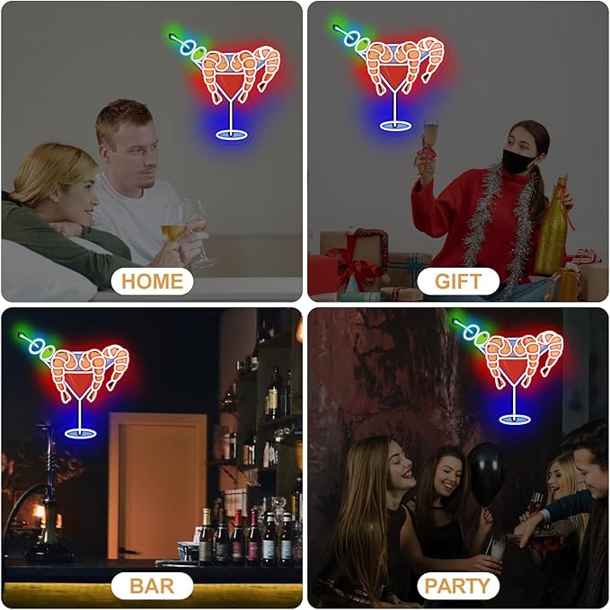 Shrimp Martini Wine Neon Sign, Martini LED Light, Home Party Wall Art, Cocktail Pub Bar Decoration, Gift for Cocktail Lover, 13"x13.8"