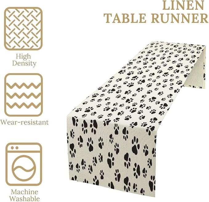 Dog Paws Table Runner,Cartoon Cute Black White Animal Footprints Abstract Tablecloth Burlap for Hotel Indoors Outdoor Dining Room Kitchen Home Decor,W13X L60 in