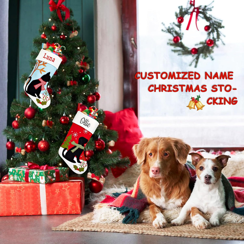 Personalized Cat and Dog Christmas Stocking, Customizable Name 17'' Pet Stocking, Black Cat and Dog Pattern Christmas Stocking, Home Mantel Holiday Hanging Decoration (1 Pack)