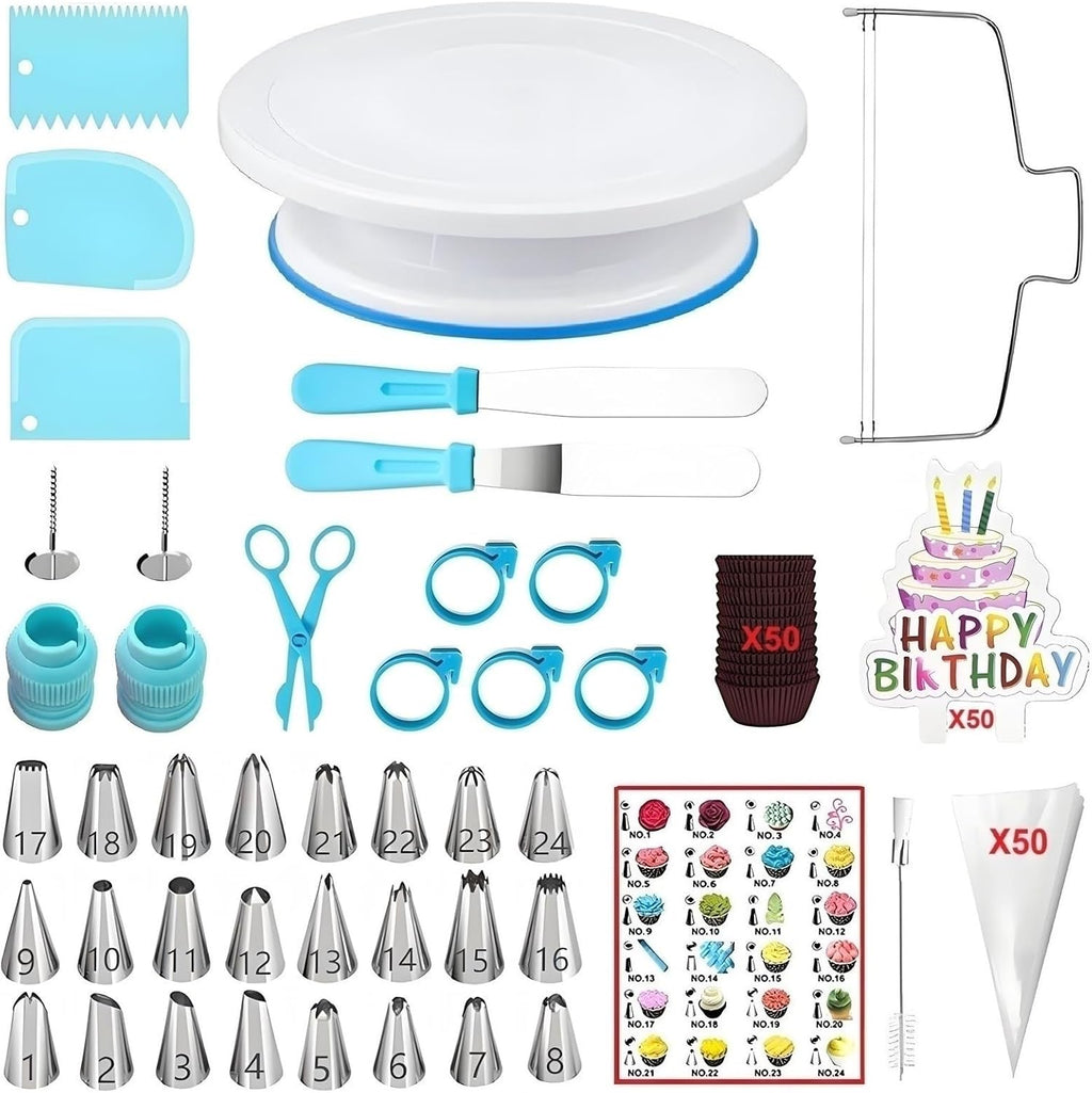 ANSLYQA Cake Decorating Kit, 193 Pcs Baking Tools | Cake Turntable, Leveler, 24 Numbered Icing Tips, 2 Spatulas, 3 Scrapers, 50 Pastry Bags, 50 Cupcake Liners & More, (Blue)