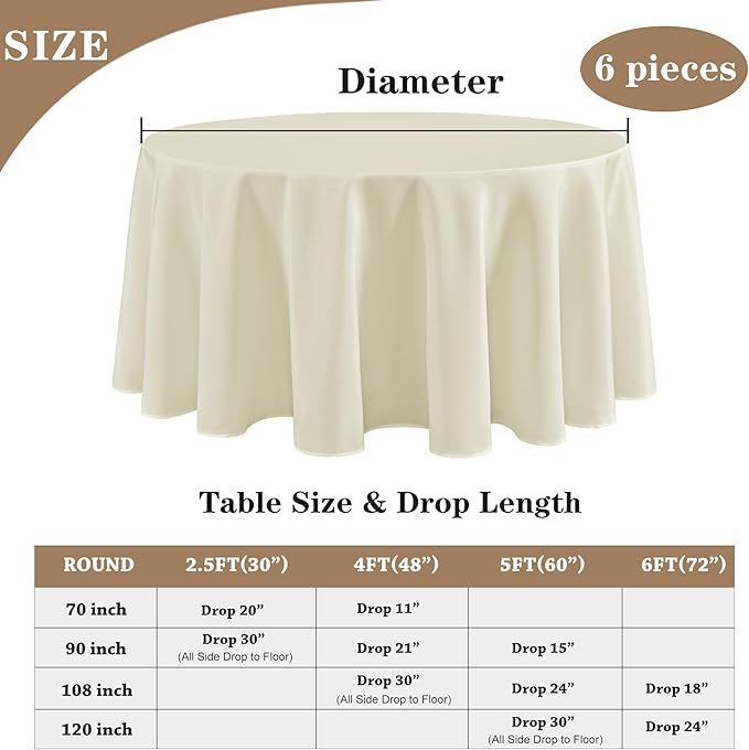 Fitable 6 Pack Ivory Tablecloths for Round Tables-108 Inches in Diameter-Stain Resistant and Washable Table Clothes,Polyester Fabric Covers Wedding,Party,Banquet,Formal Events (130g-QW6P-108Ivory)
