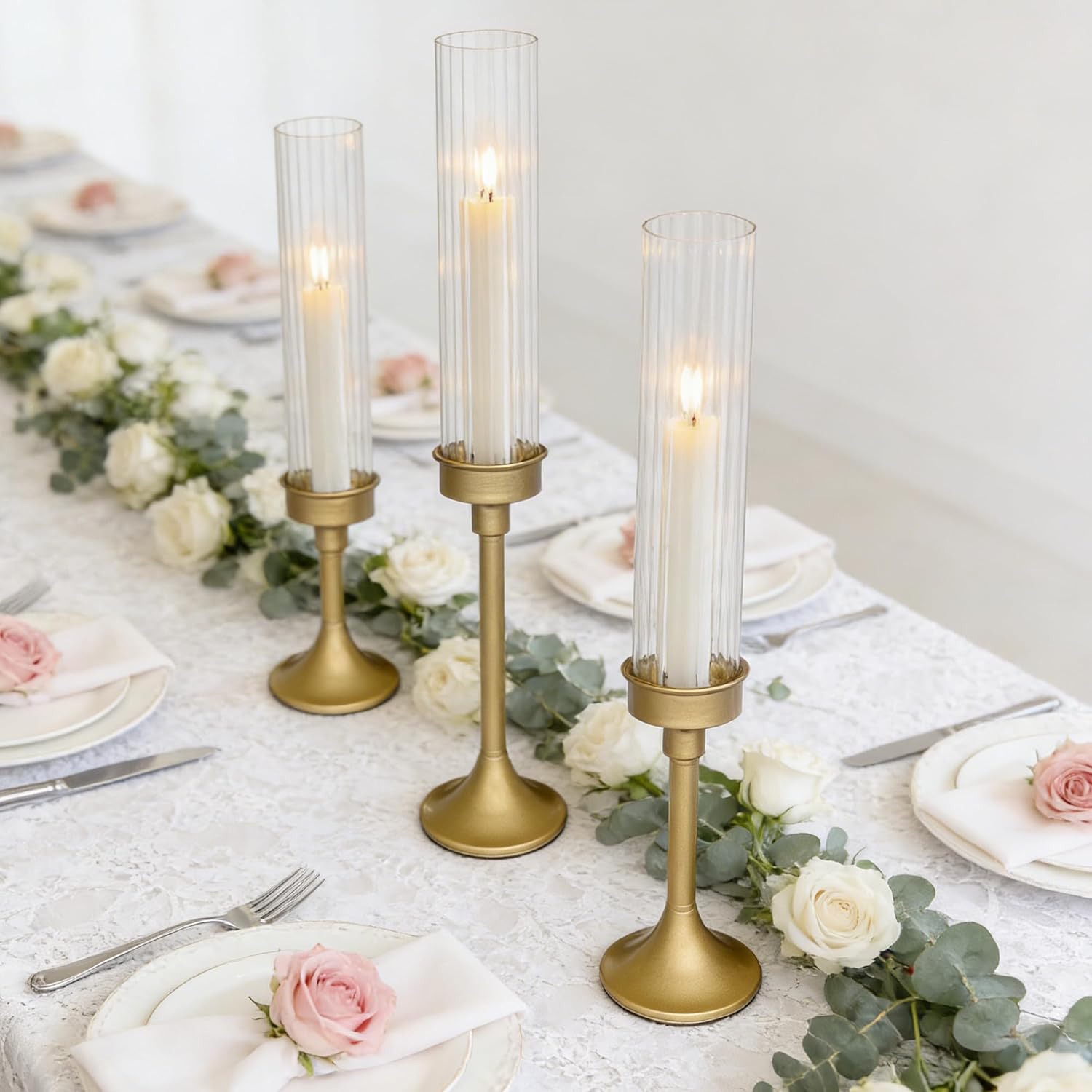 Gold Hurricane Candle Holders - Brass Candlestick Holders Set of 3 Tall Taper Candlesticks Fluted Glass Candle Stick Holder Decor for Wedding Party Christmas Mantel Dining Table Centerpieces
