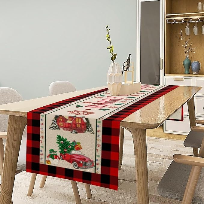 Merry Christmas Table Runner,Winter Xmas Holiday Table Cloth Kitchen Dining Table Decoration for Home Party Decor 13x70 Inch