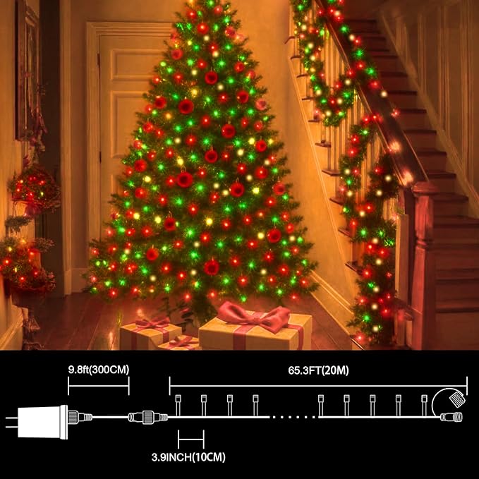 LAMPHOME 66ft Christmas Decorative Mini Lights, 200 LED Transparent Wire Fairy Starry String Lights Plug in, 16 Lighting Modes for Outdoor Xmas Tree Wedding Party Decoration (Red Green Warm)