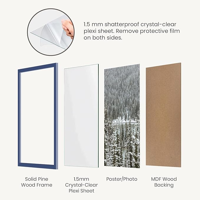 Opposite Wall - 24x36 in - Real Wood Blue Picture Frame - Lightweight, Versatile & Shatterproof - Large Wall Hanging Photo or Poster Frame - Wall Decor for Office, Gallery & Home