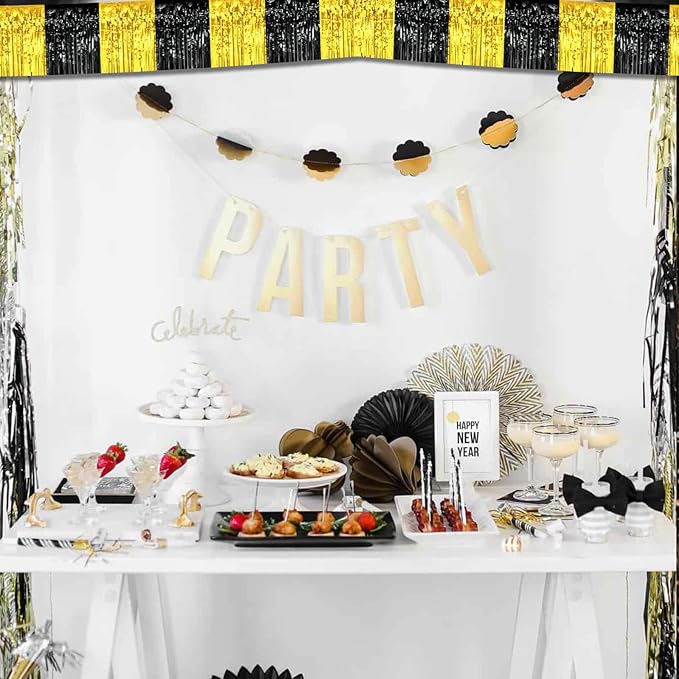 6 Pack 10 Feet Black Gold Foil Fringe Garland Metallic Tinsel Streamers Banner Wall Hanging Curtain Backdrop Banner for Parade Floats, Thanksgiving, Christmas, Birthday, Halloween Party Decorations