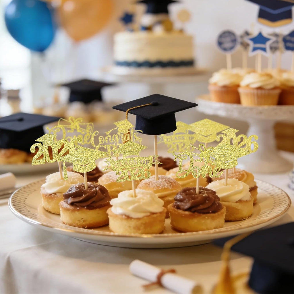 WILDREEDS 48Pcs 2026 Graduation Cupcake Toppers Class of 2026 Cupcake Picks Grad Cap Diploma Cake Decorations for 2026 Graduation Theme Party Cake Decorations Supplies-Gold