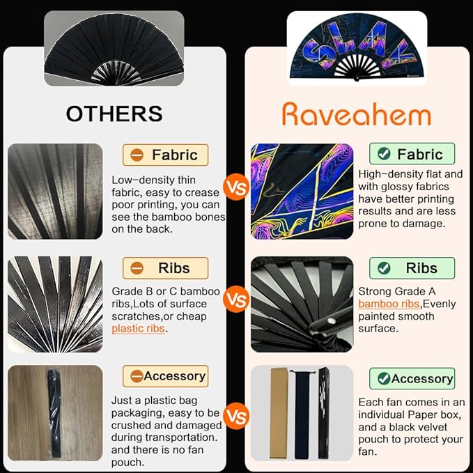 UV Glow Rave Fan, Bamboo Folding Clack Hand Fans Foldable for Men Women, Boots on the Ground Poping Fan for EDM Festival Line Dance Decoration, (Slay, Large 13")