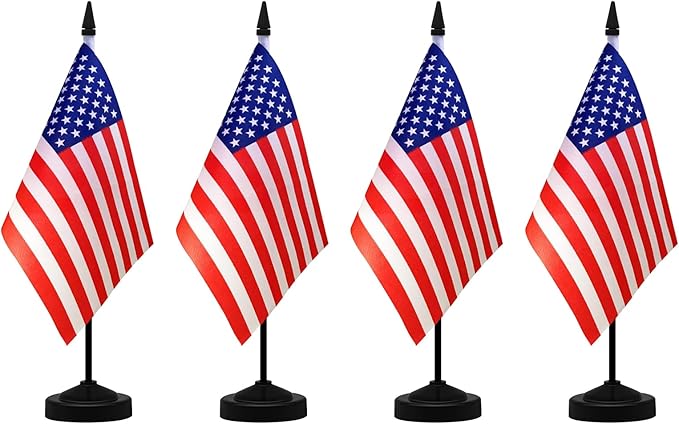 NQ American Desk Flag Set, 8.3 X 5.5 Inch Small American Flags on Stick, Mini American Flag with Stand Base, US Flag Decor for Table, Office, Home, Festival Decoration (4 Pack)