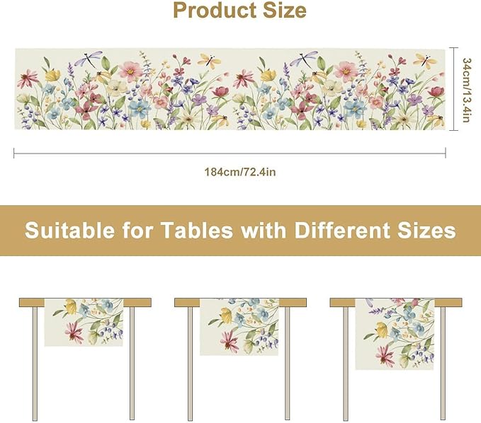 Watercolor Floral Table Runner, Colorful Spring Summer Nature Flower Dragonfly Pattern Print Table Runner for Kitchen Dinning Table Runner Decor Home Wedding Party Holiday, 13x70 Inch