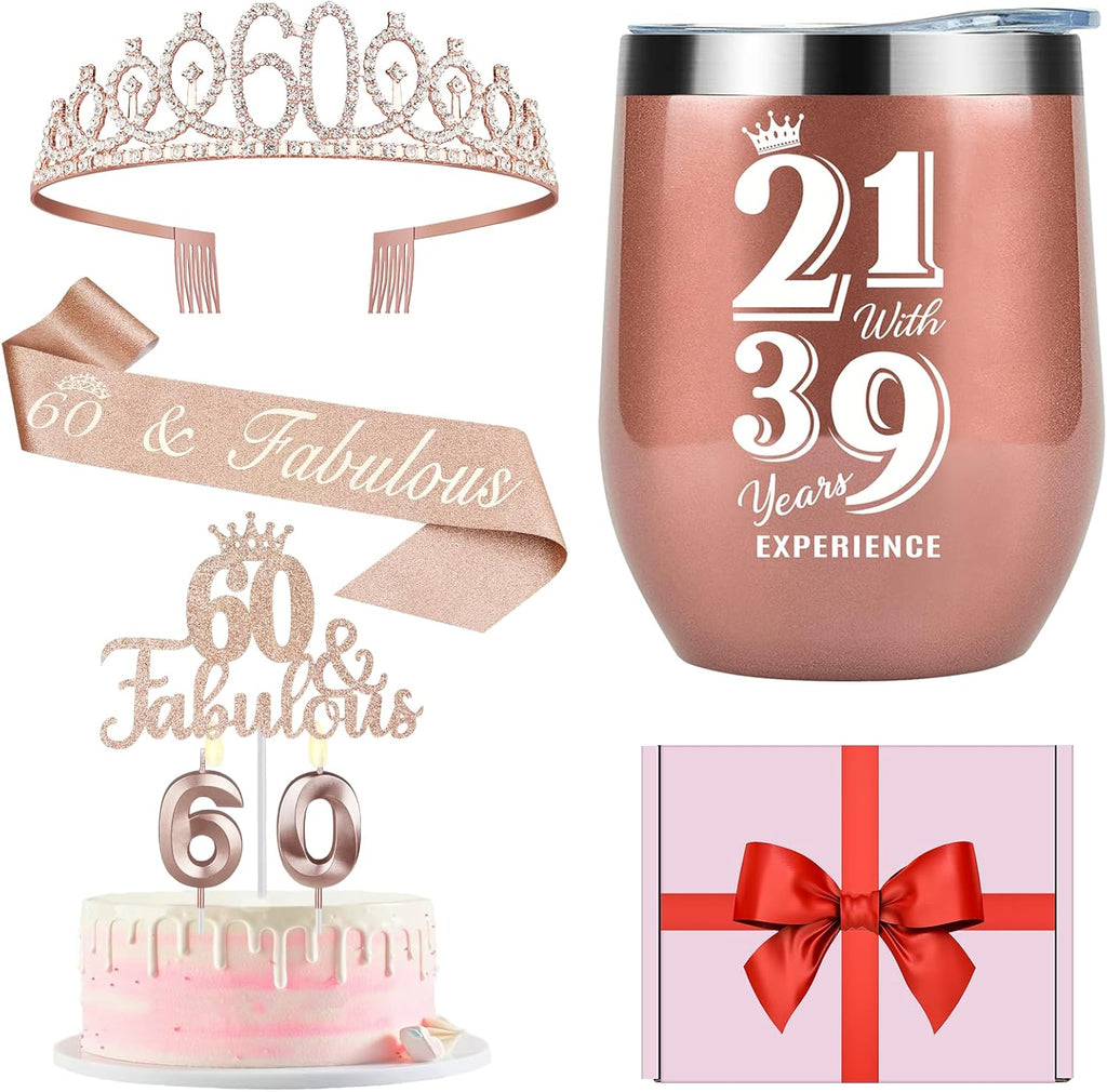 60th Birthday Decorations Gifts for Women Including Crown, Sash, Cake Topper, Candles and 12oz Wine or Coffee Tumbler Mug with Lid, Gifts for 60 Year Old Woman