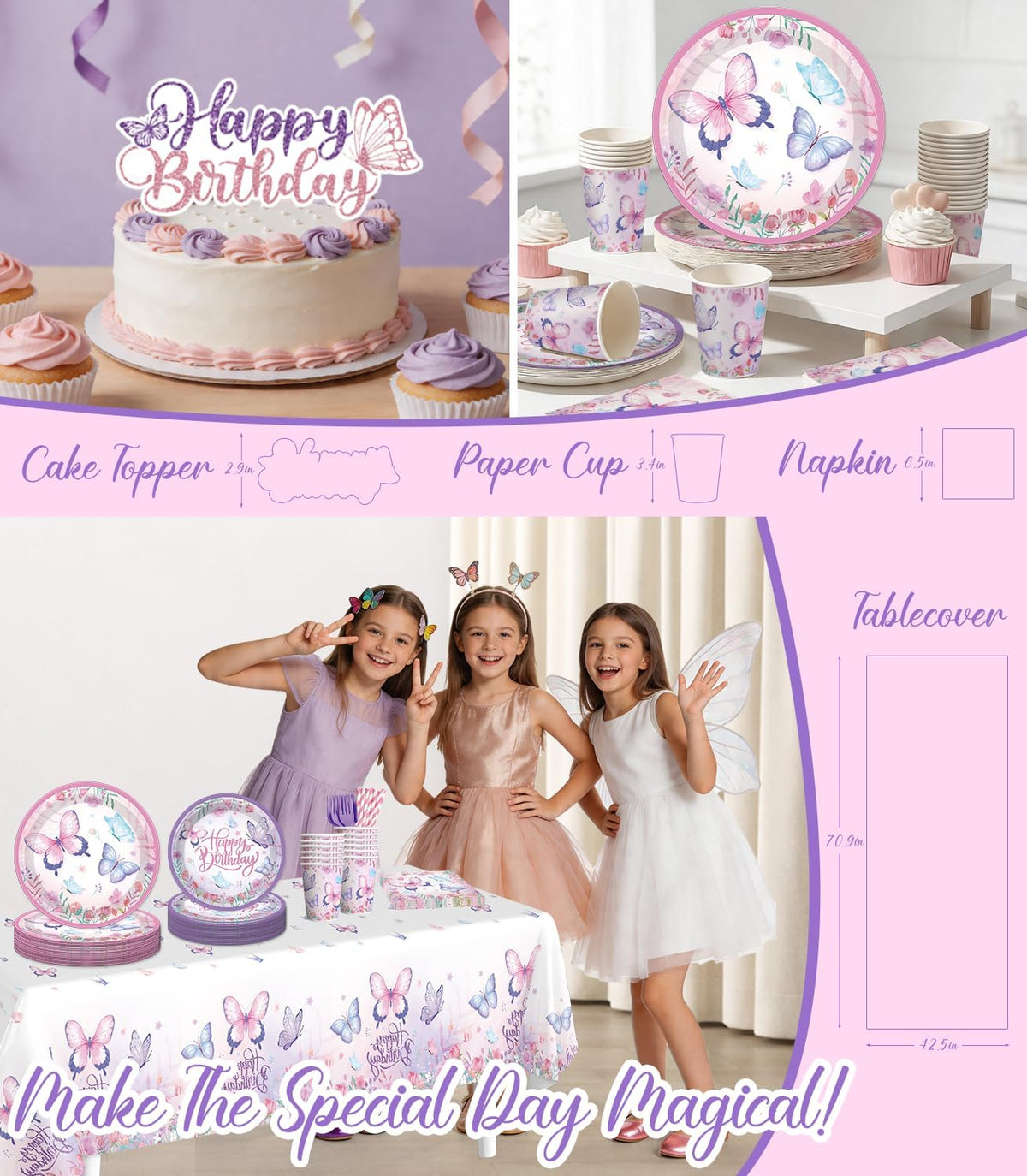 butterfly birthday decorations complete party set, butterfly theme showing dimensions