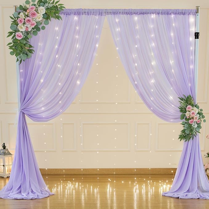 10ft x 7ft Lavender Chiffon Backdrop Curtain with Lights String for Parites Wedding Wrinkle Free Curtain Photo Backdrops Drapes for Baby Shower Birthday Party Home Decorations