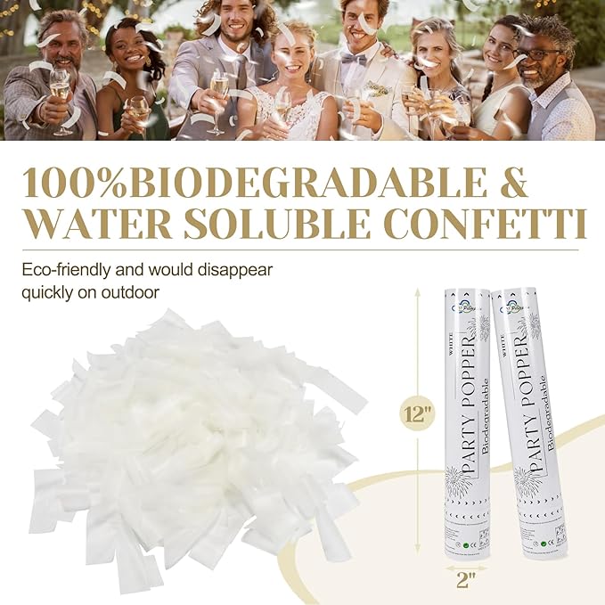 White Confetti Poppers,Rice Paper For Wedding,Biodegradable Cannon,6Pack Biodegradable Confetti Party Shooters Air Power, Party For Lawns Wedding,Birthday,Outdoor Celebrations