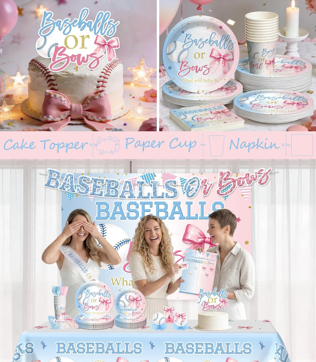 cocomigo baseballs or bows gender reveal decorations, serves showing dimensions