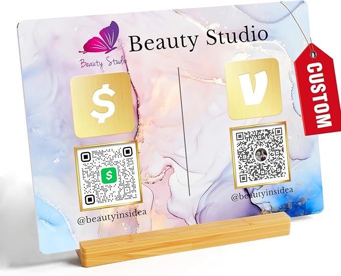 Personalized Custom Metal QR Code Sign Venmo Cashapp Scan to Pay with Stand Instagram Facebook Social Media QR Signs Bar Code QR Plaque Print for Business Salon Beauty Store Restaurant Wifi Sign (Horizontal 2)