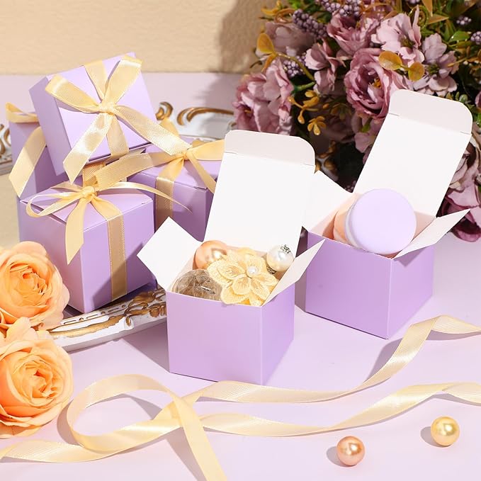 Jutom 100 Pcs Mini Favor Boxes Extra Small Candy Boxes Paper with Gold Ribbon for Christmas Thanksgiving Day Birthday Wedding Anniversary Supplies(2 x 2 x 2 Inch,Lavender)