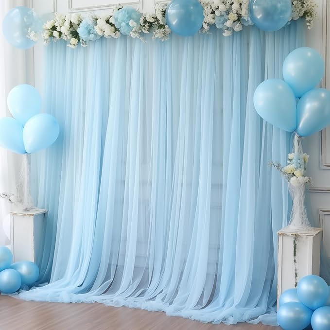 20x10 Blue Tulle Backdrop Curtains for Parties, Sheer Backdrop Curtain Wedding Photo Background Drapes for Baby Shower Photography Birthday Party