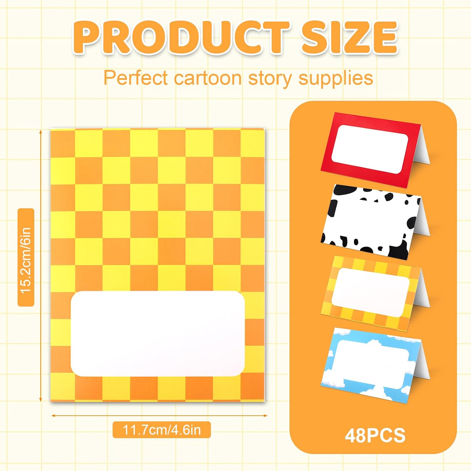 48pcs Cartoon Story Food Labels Signs - 6x4.6in 4 Style Theme Name Setting Card Folded Table Place Labels for Birthday Decorations Party Supplies