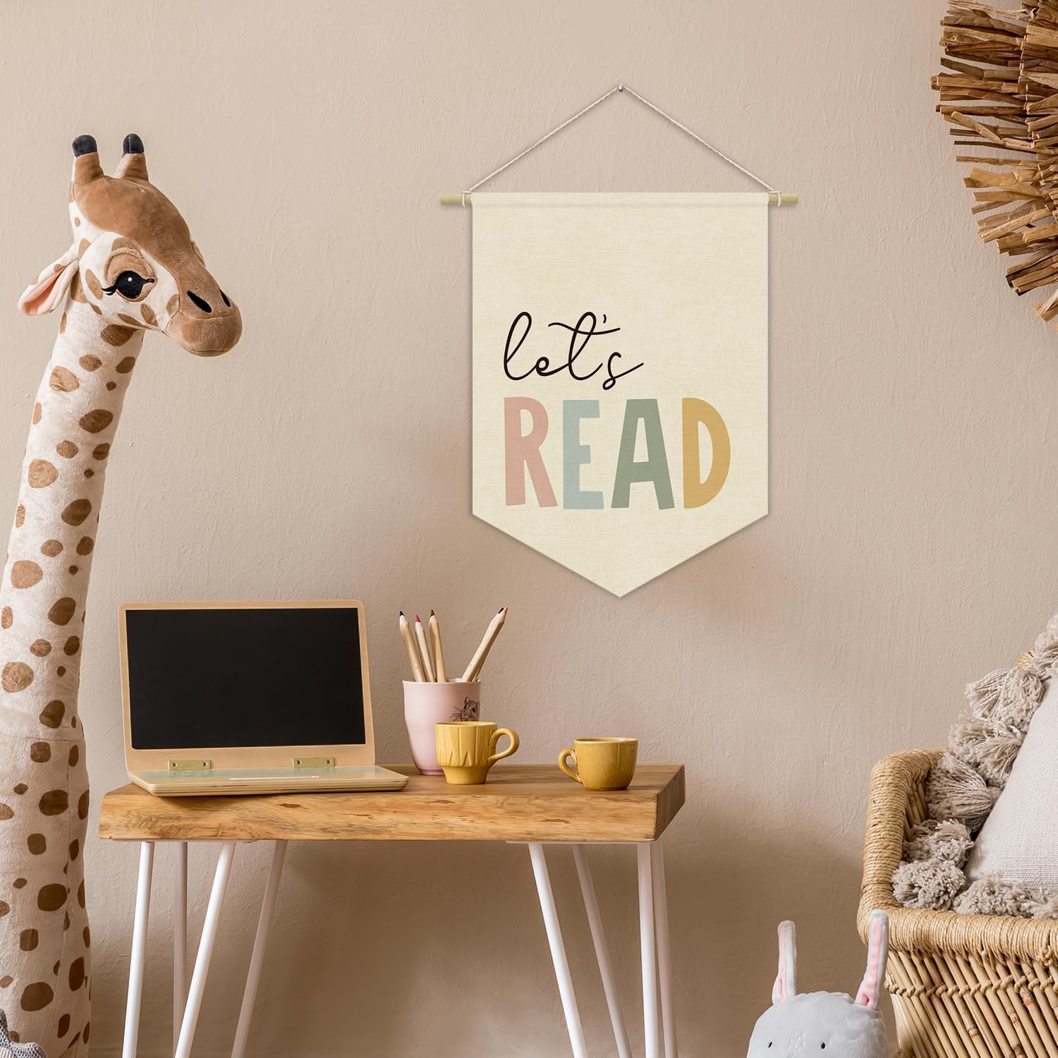 Reading Corner Decor, Let's Read Sign Kids Room Wall Canvas Banner, Library Boho Classroom Bookshelf Hanging Pennant Flag, 15x11in
