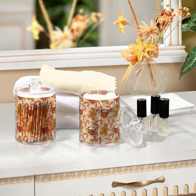 Gredecor Qtip Holder Dispenser 2 Pack Cute Gingerbread Men Snowflakes Candy Bathroom Decorative Storage Canister Holder Counter Vanity Organizer for Cotton Ball Swabs Pads Floss