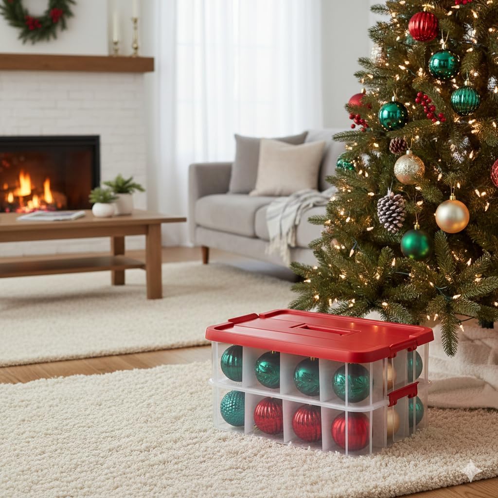 Tribello 2-Layer Christmas Ornament Storage Box Plastic - 24 Compartment Cchristmas Decoration Storage Box