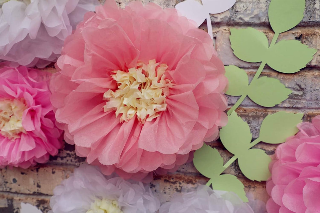Fonder Mols Tissue Paper Chrysanth Flowers with Butterfly and Olive Leaves for Wedding Baby Shower Nursery Room Parties & Events Decorations Pom Poms (White Light Pink Pink)