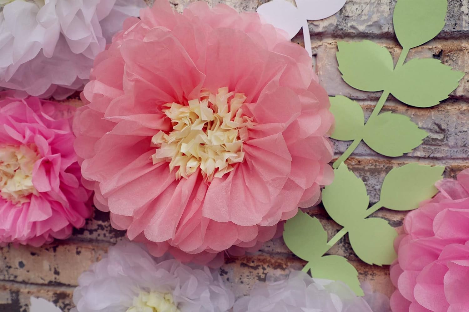 Fonder Mols Tissue Paper Chrysanth Flowers with Butterfly and Olive Leaves for Wedding Baby Shower Nursery Room Parties & Events Decorations Pom Poms (White Light Pink Pink)