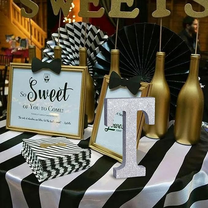 TONIFUL 8 Inch Silver Glitter Letter T Table Centerpiece A-Z Silver Birthday Party Decorations,Silver Alphabet T for Birthday,Chrismas,Graduation,Bridal Shower,Wedding,Anniversary Party Supplies