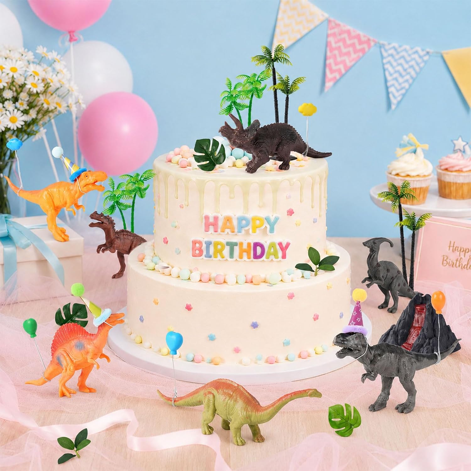 49 Pcs Dinosaur Birthday Cake Decorations, 8 Dinosaur Cake Topper with 1 Volcanic 8 Birthday Hat 8 Mini Balloon Decorations 24 Green Artificial Plant Decorations